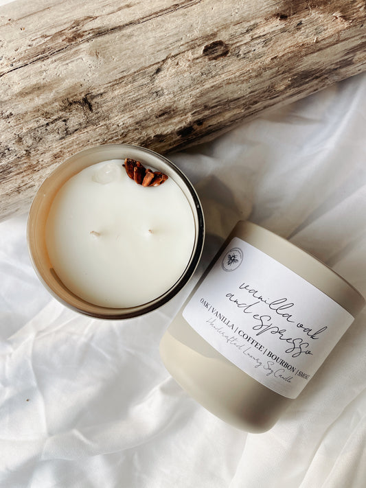 VANILLA, OAK + ESPRESSO Handcrafted Crystal Infused Scented Soy Candle